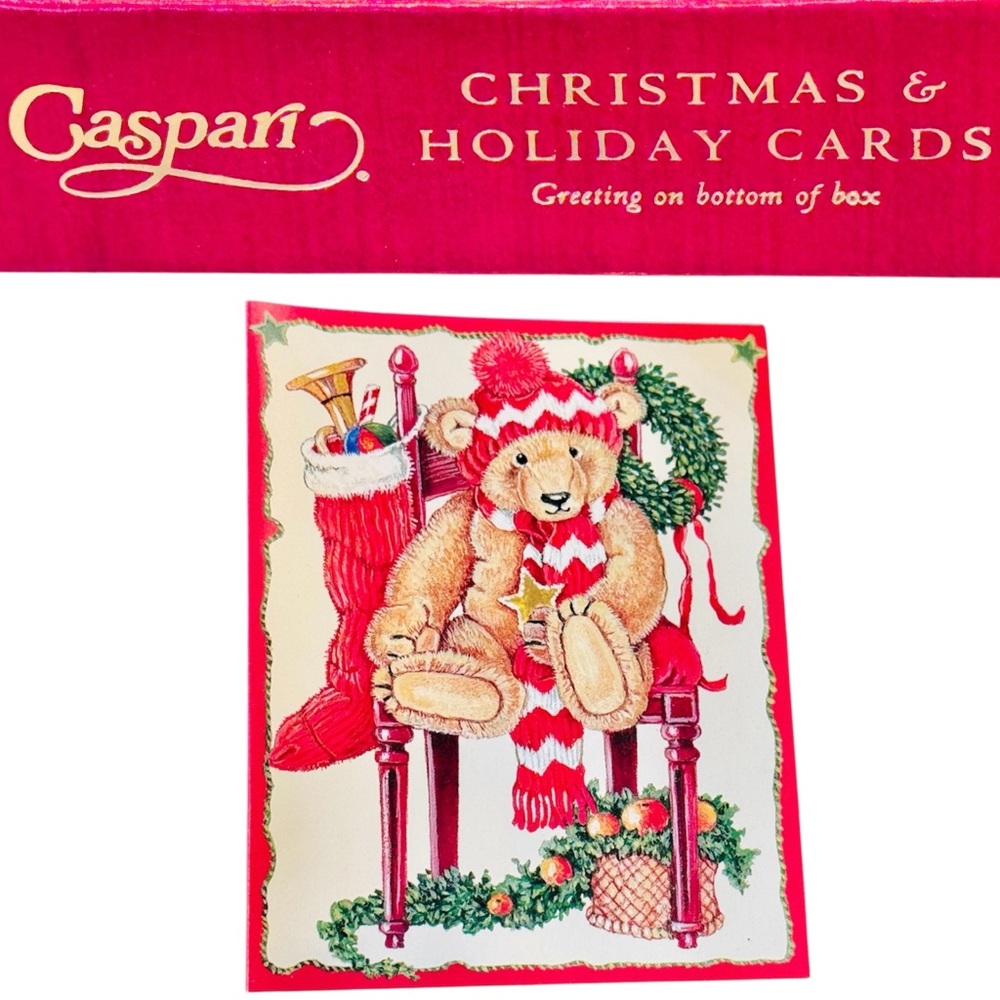 CASPARI Vintage Box of 23 Teddy Bear Christmas Stocking Holiday Cards Set